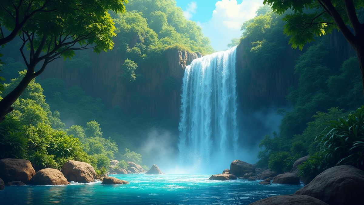 Waterval omringd door weelderige vegetatie en glinsterende schatten.