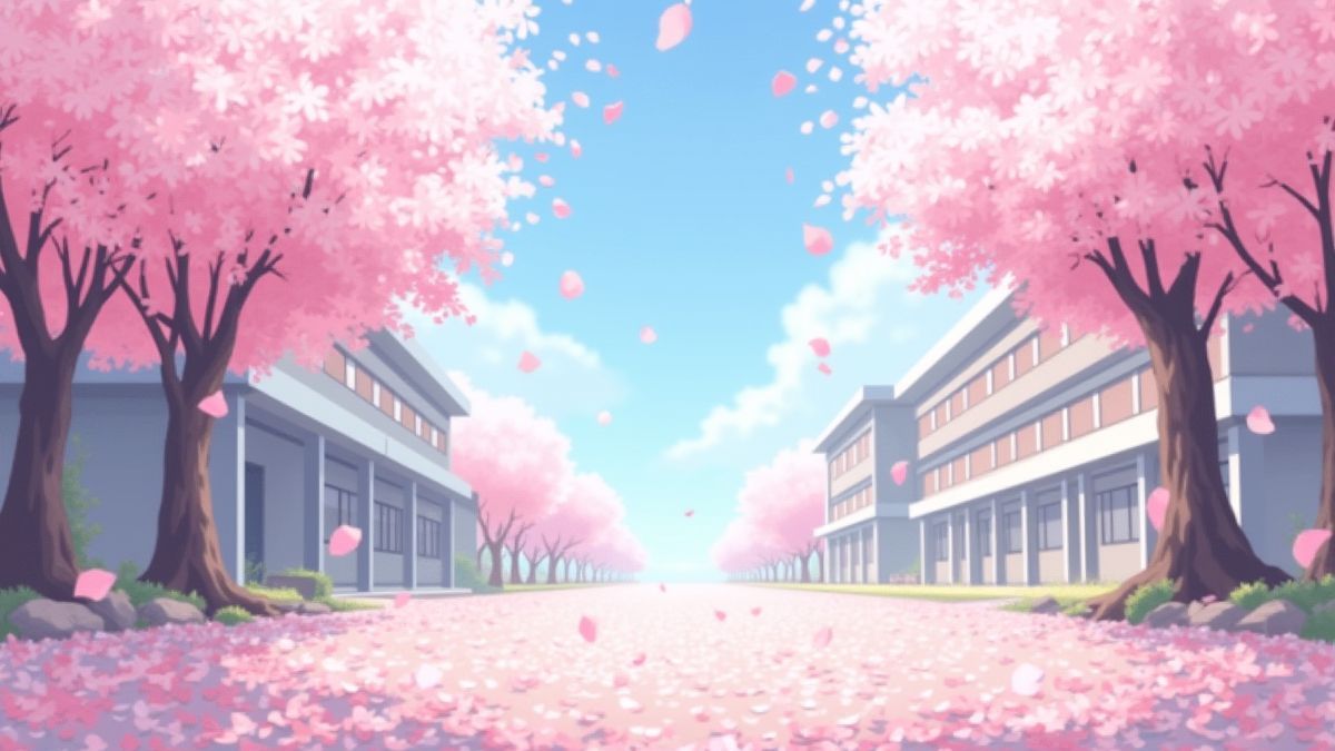 Pétales de fleurs de cerisier tombant dans un environnement scolaire romantique.