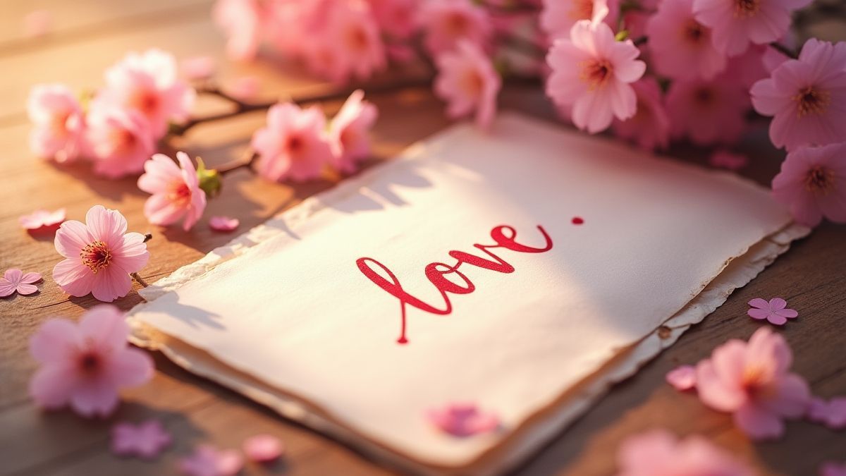 Une lettre d'amour avec des fleurs de cerisier sur une table.