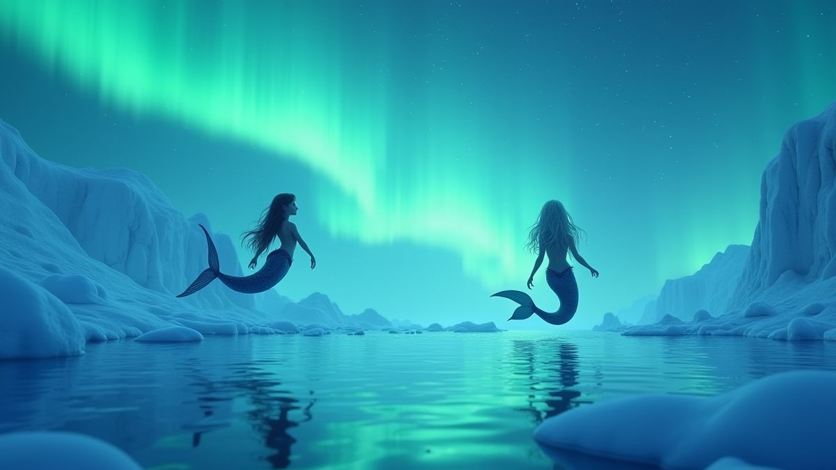 Sirènes nageant sous une aurore boréale dans des eaux gelées.