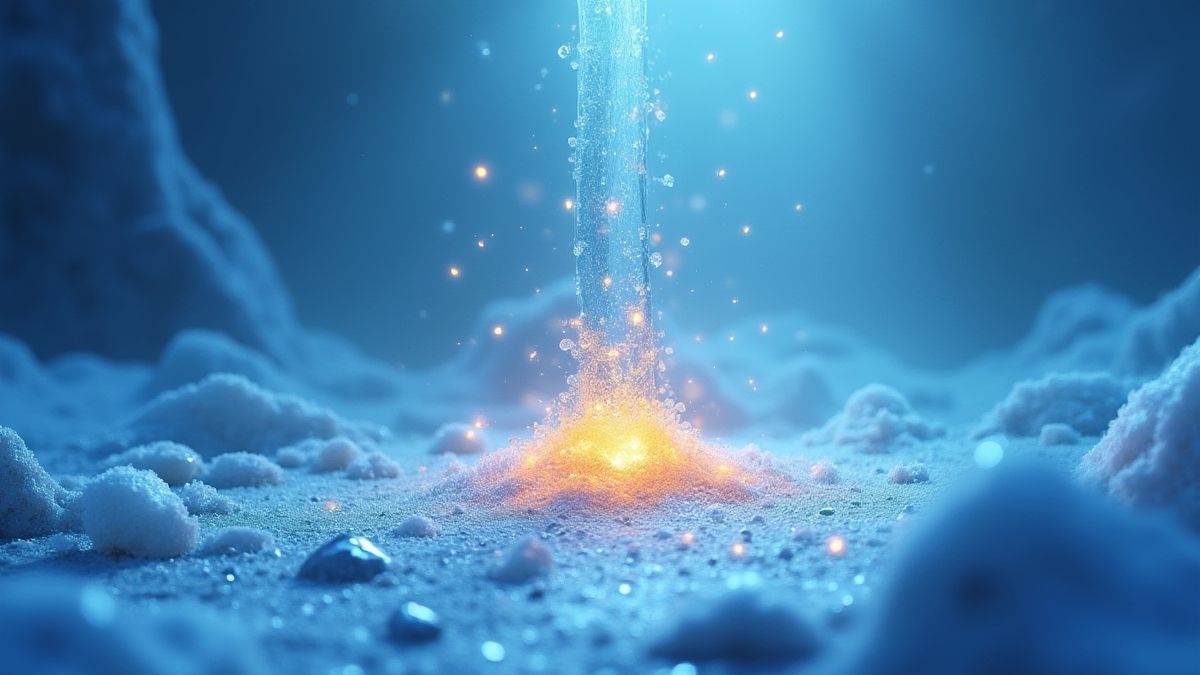 Glace se fissurant pour révéler des trésors et des symboles lumineux.