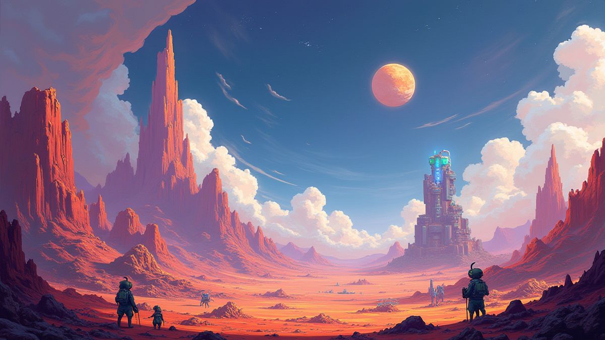A colorful alien planet with futuristic spaceships.