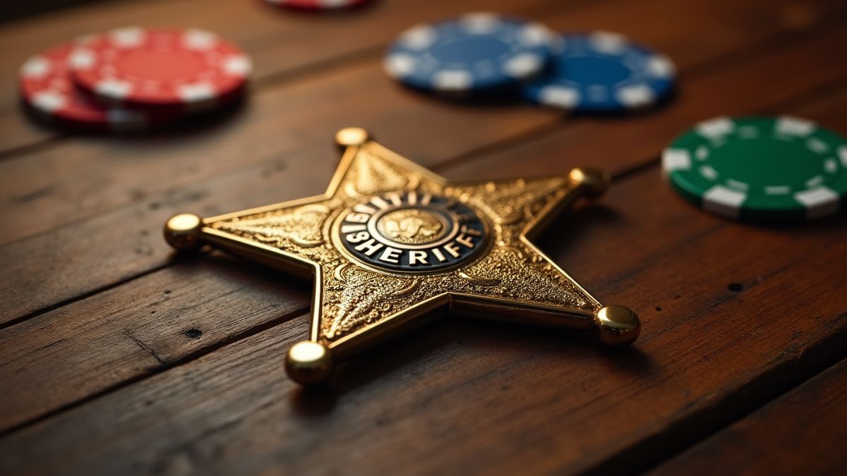 Sheriff badge on a wooden table surrounded by poker chips.