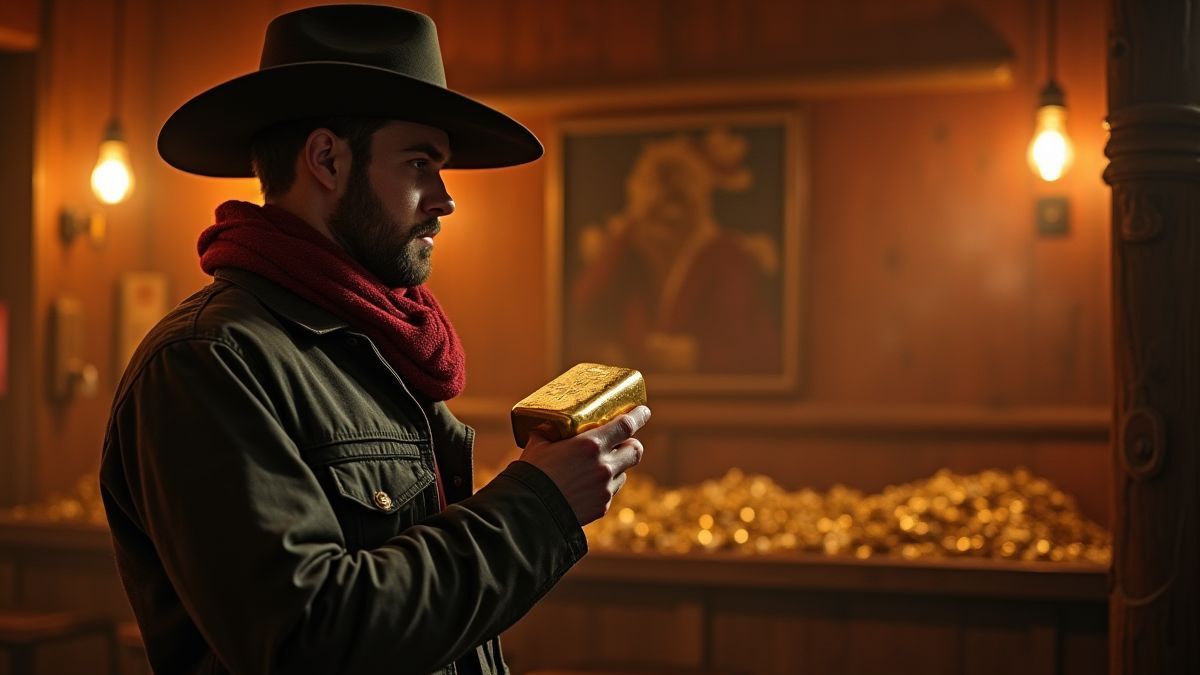 A cowboy holding a gold bar in the center of a saloon.