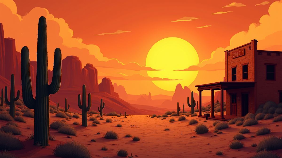 Landscape of the Wild West desert with cacti and a saloon