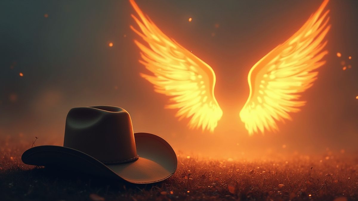 Dramatic scene with glowing wings and a cowboy hat
