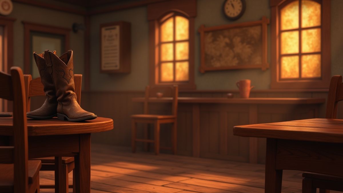 Interior of a saloon with wooden tables and cowboy boots