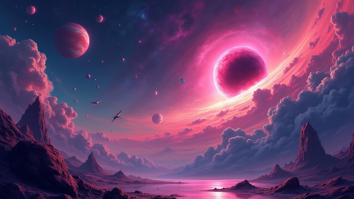 Escena vibrante del espacio con planetas coloridos y agujeros negros