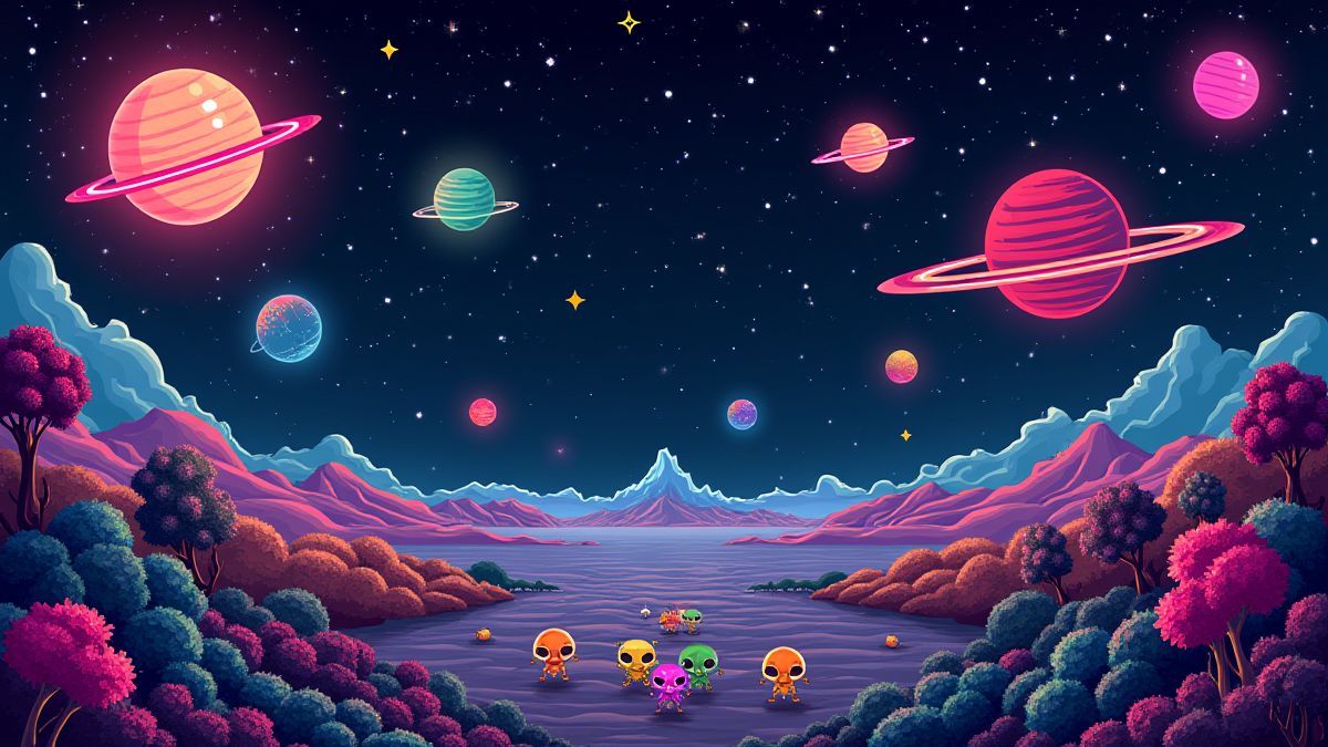 Escena retro del espacio con estrellas y alienígenas coloridos