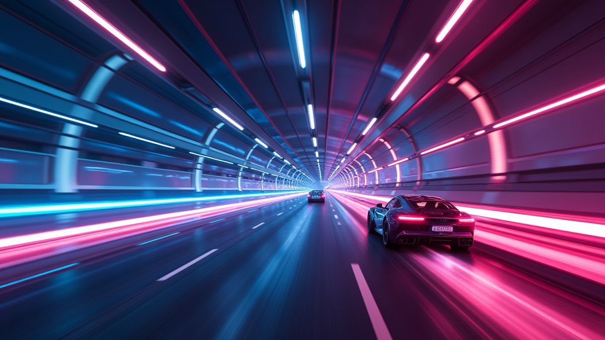 Futuristische auto’s die door een met neonlichten verlicht tunnel zoeven.