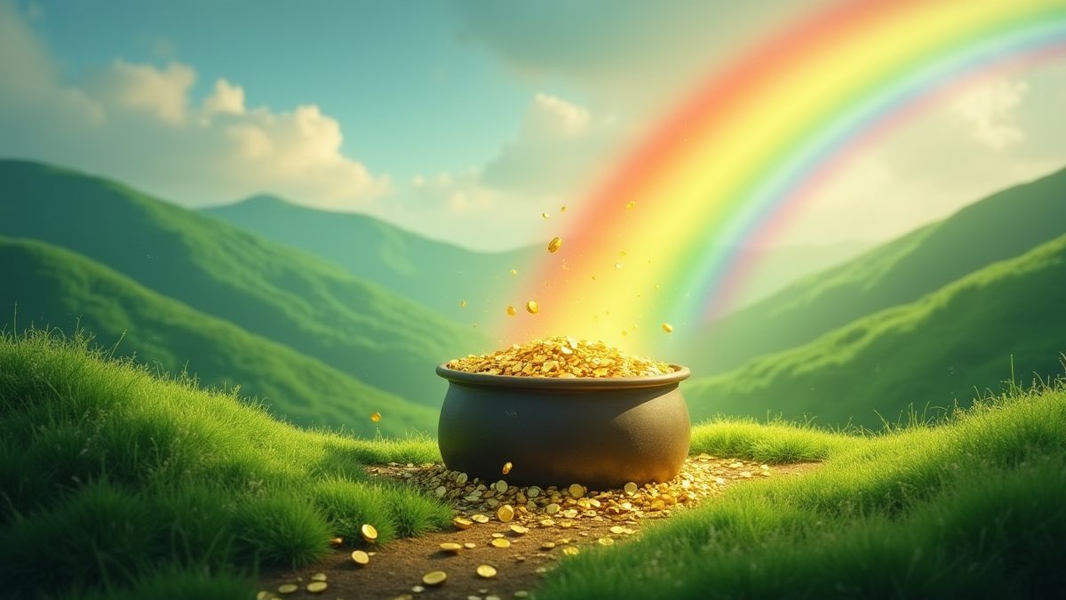 Olla de oro al final del arcoíris en colinas verdes.