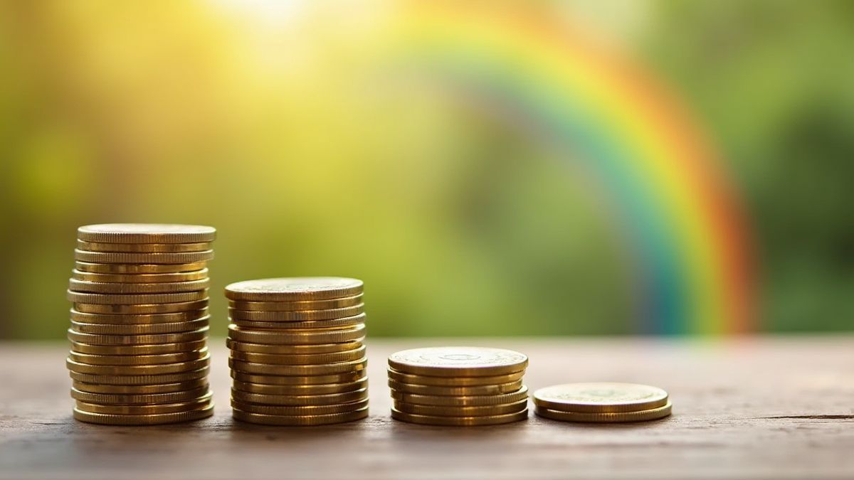 Montones de monedas en una mesa de madera con un arcoíris de fondo.