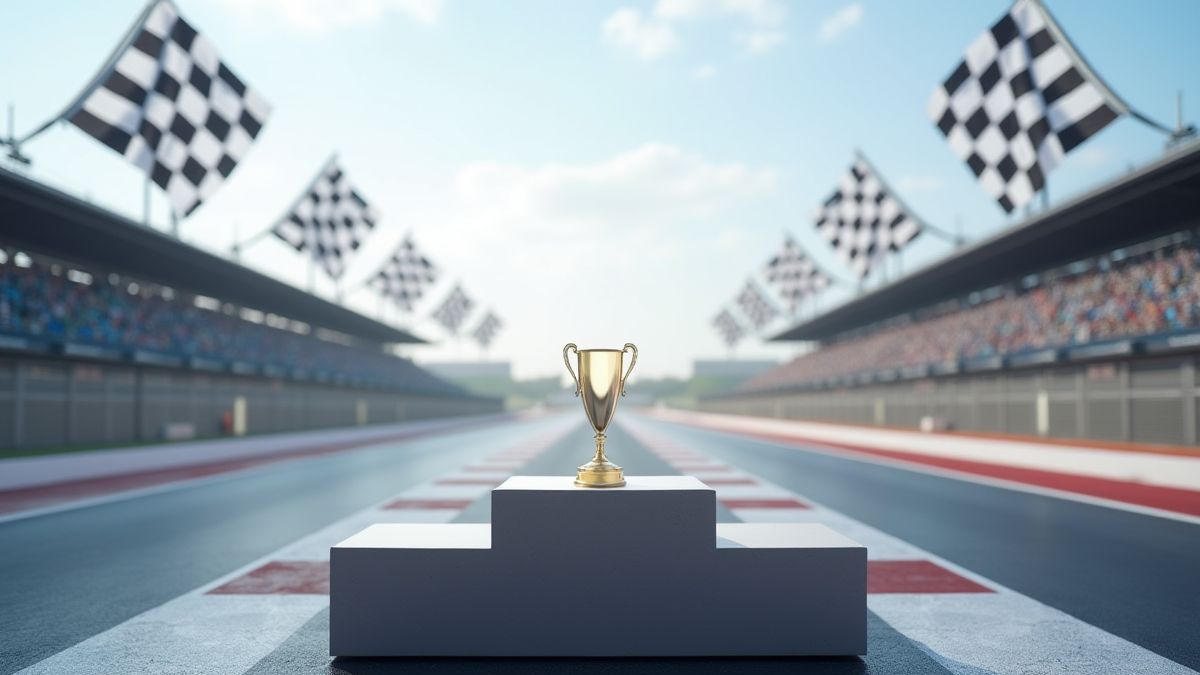 Una pista de carreras con un podio de trofeos y banderas a cuadros.