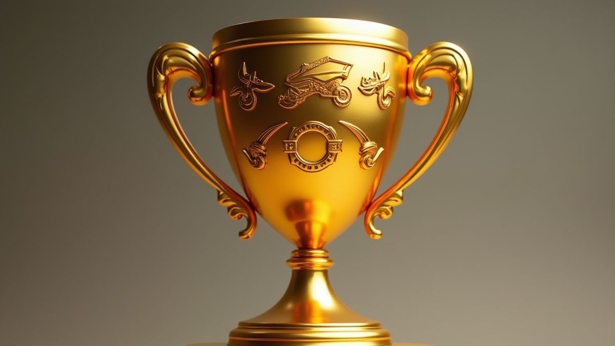 Un trofeo dorado con símbolos de carreras grabados.