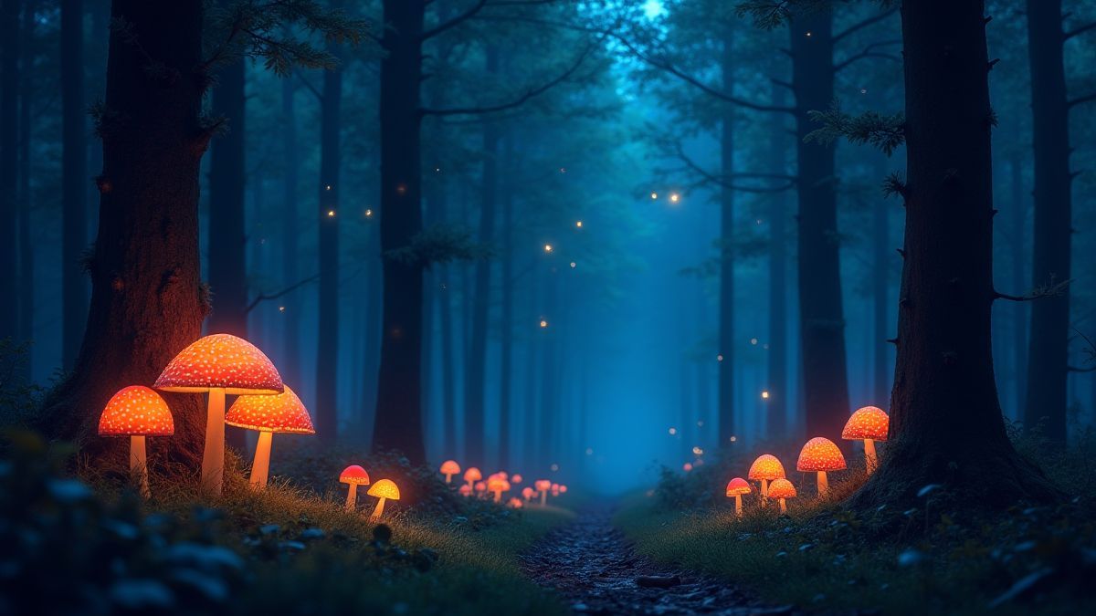 Une forêt mystique avec des champignons lumineux et des lucioles.