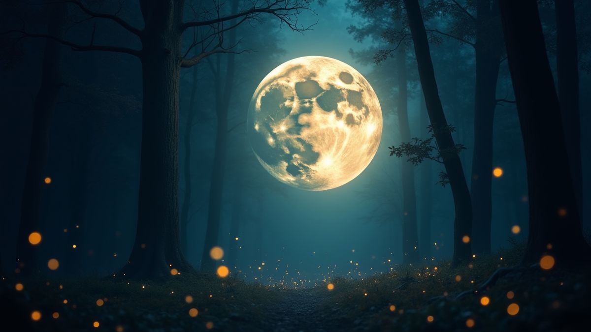 Une lune brillante dans une forêt magique entourée de lucioles.