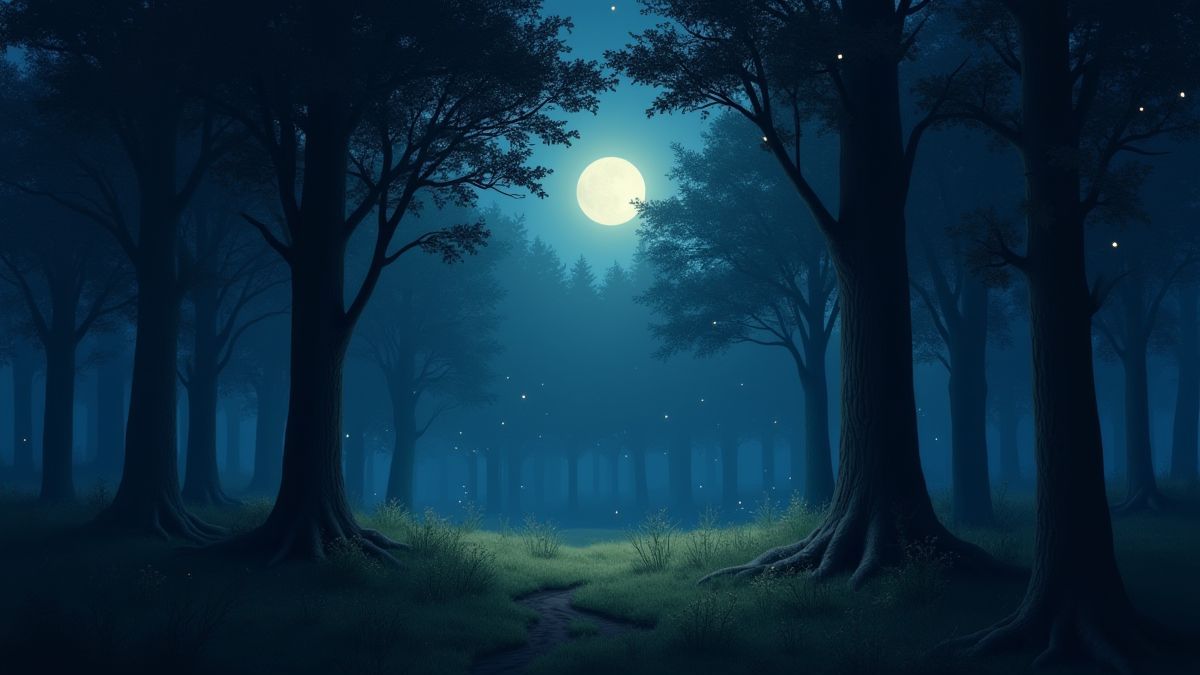 Une forêt tranquille éclairée par la lune et des lucioles.