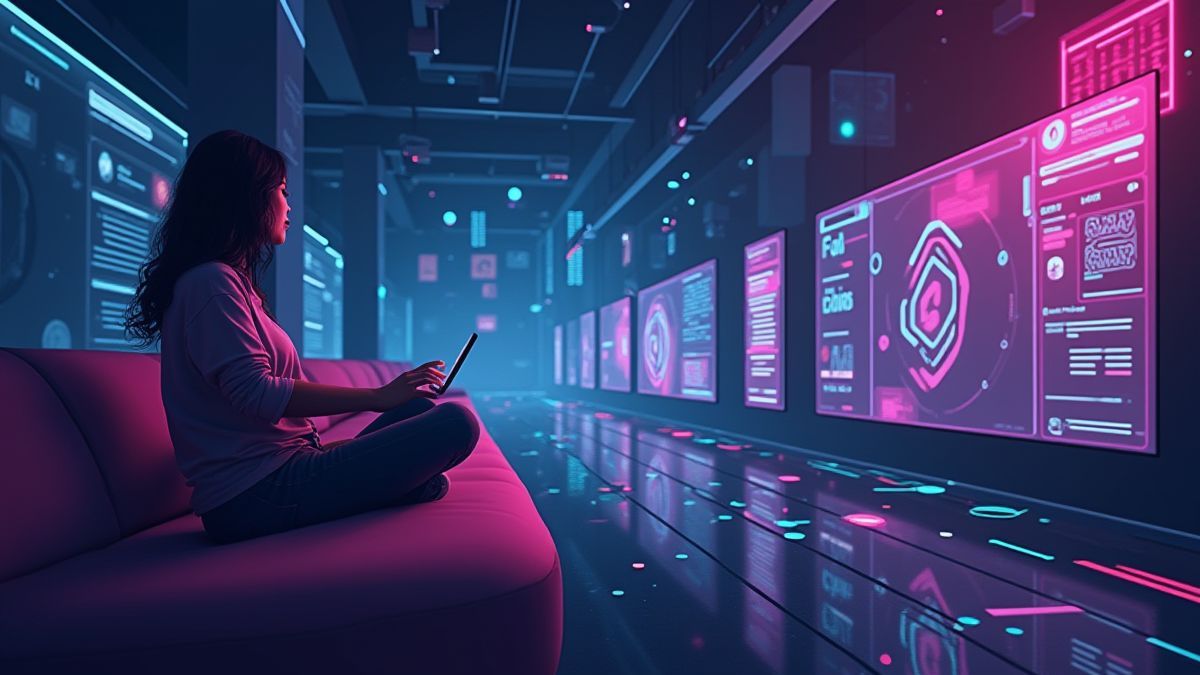 Person playing on a colorful futuristic interface.