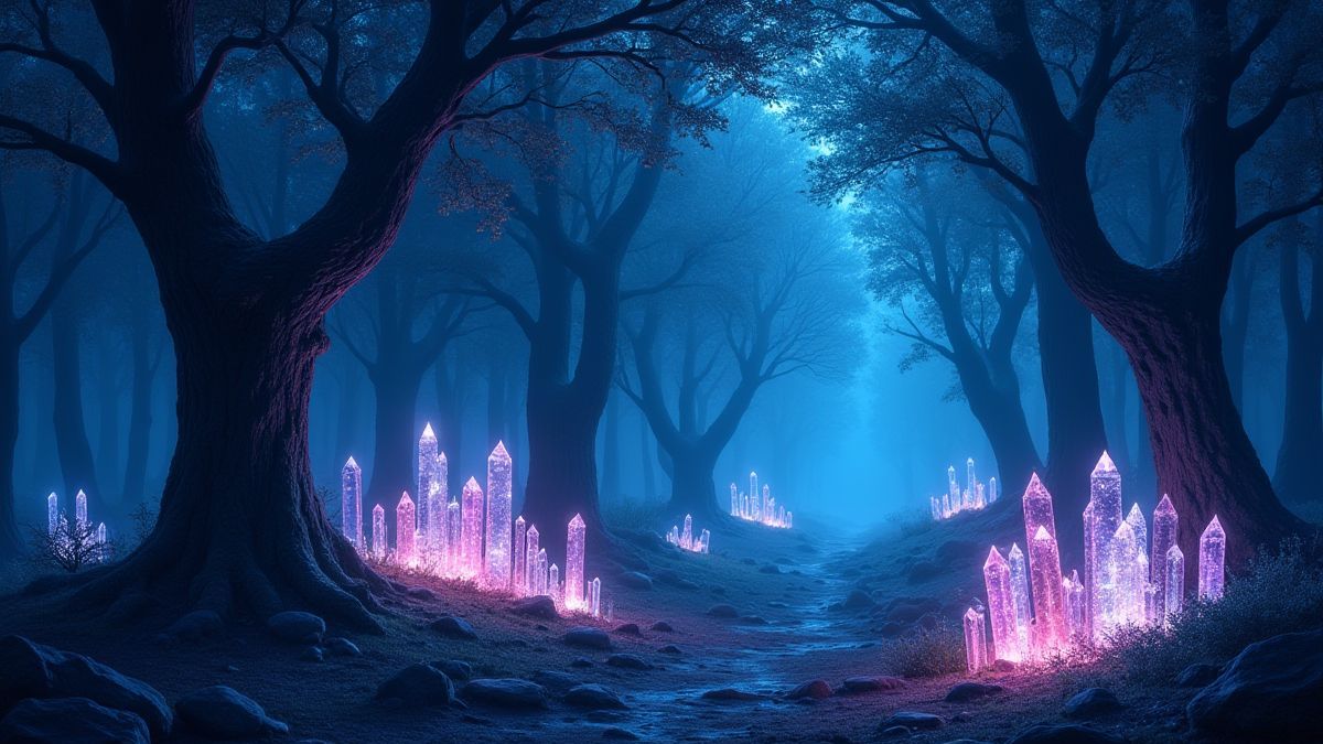 Bosque mágico nocturno con cristales brillantes y árboles encantados.