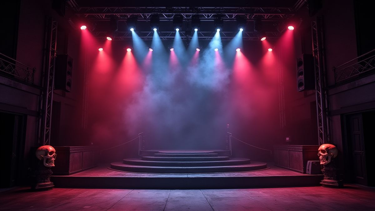 Een gothic scène met concertlichten en decoratieve schedels.