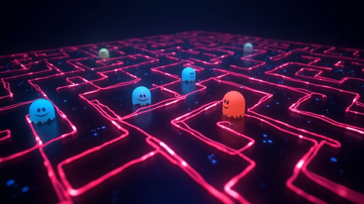 Um labirinto brilhante cheio de frutas e fantasmas, inspirado nos jogos de arcade.