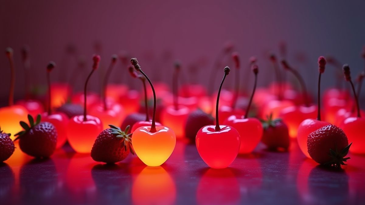 Frutas vibrantes como cerejas e morangos em um cenário retro.