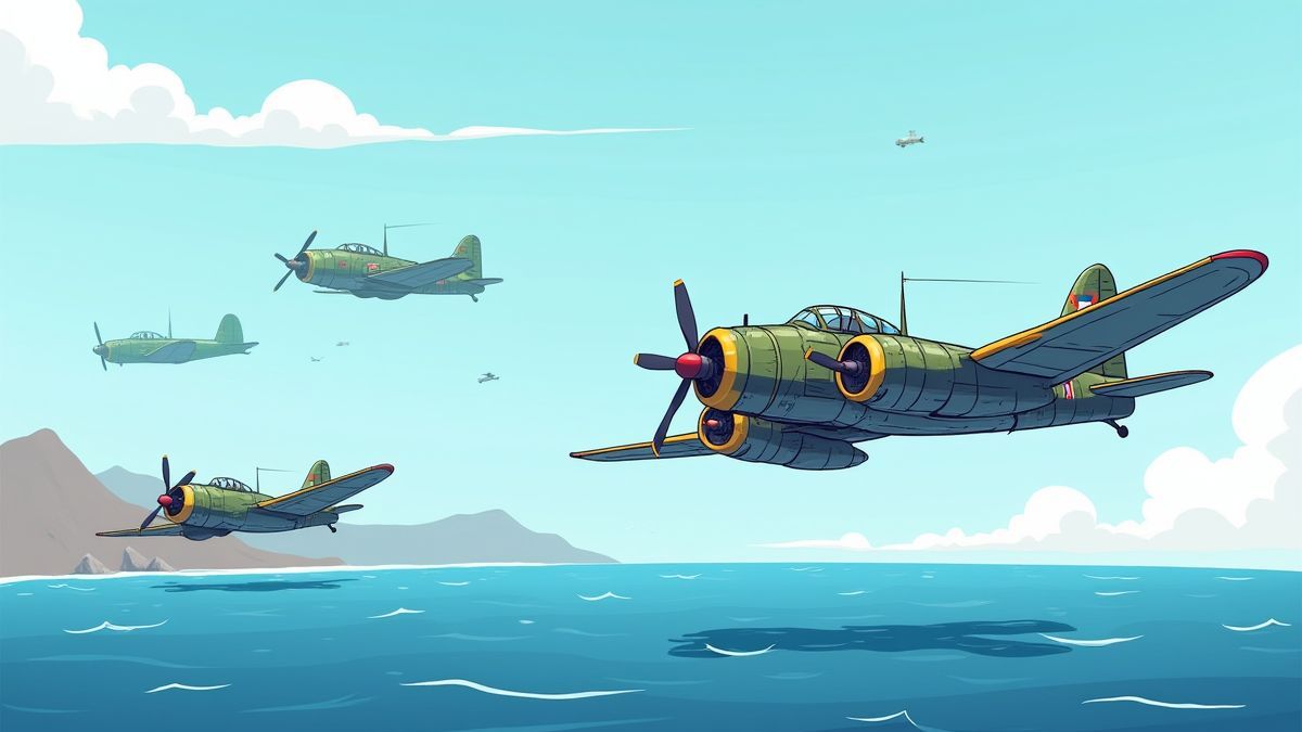 Warplanes flying over the ocean and dropping bombs.