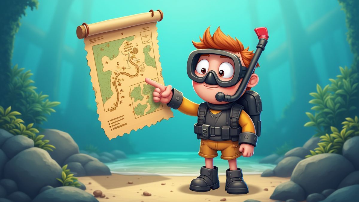 Guía amigable con equipo de buceo señalando un mapa del tesoro.