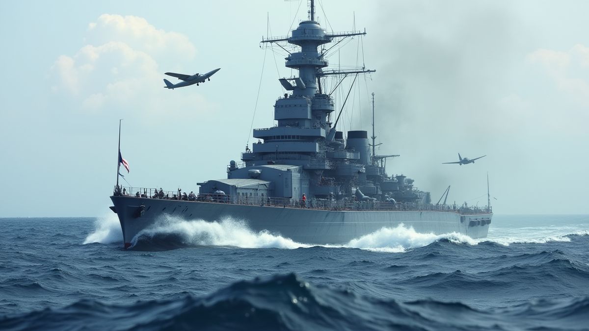 Ein Kriegsschiff, das durch den Ozean segelt, mit Flugzeugen darüber.
