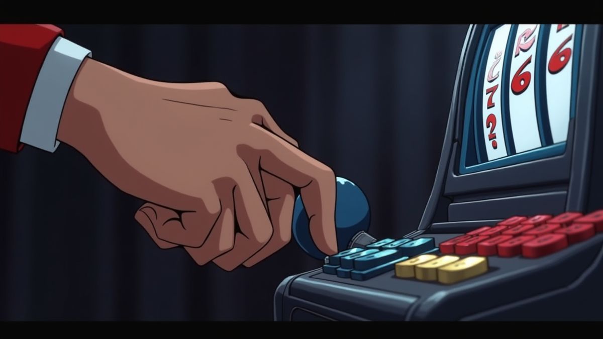 Hand, die den Hebel eines Spielautomaten in einem maritimen Raum betätigt.