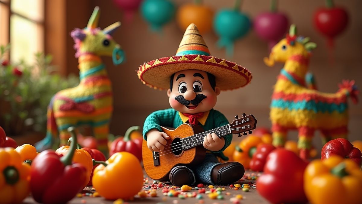Paco, der Gitarre spielt, umgeben von Piñatas und Paprika auf einer mexikanischen Feier.