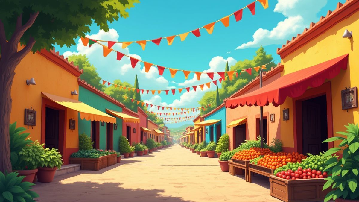 Szene eines mexikanischen Dorfes mit bunten Fahnen und einem Markt voller frischer Gemüse.