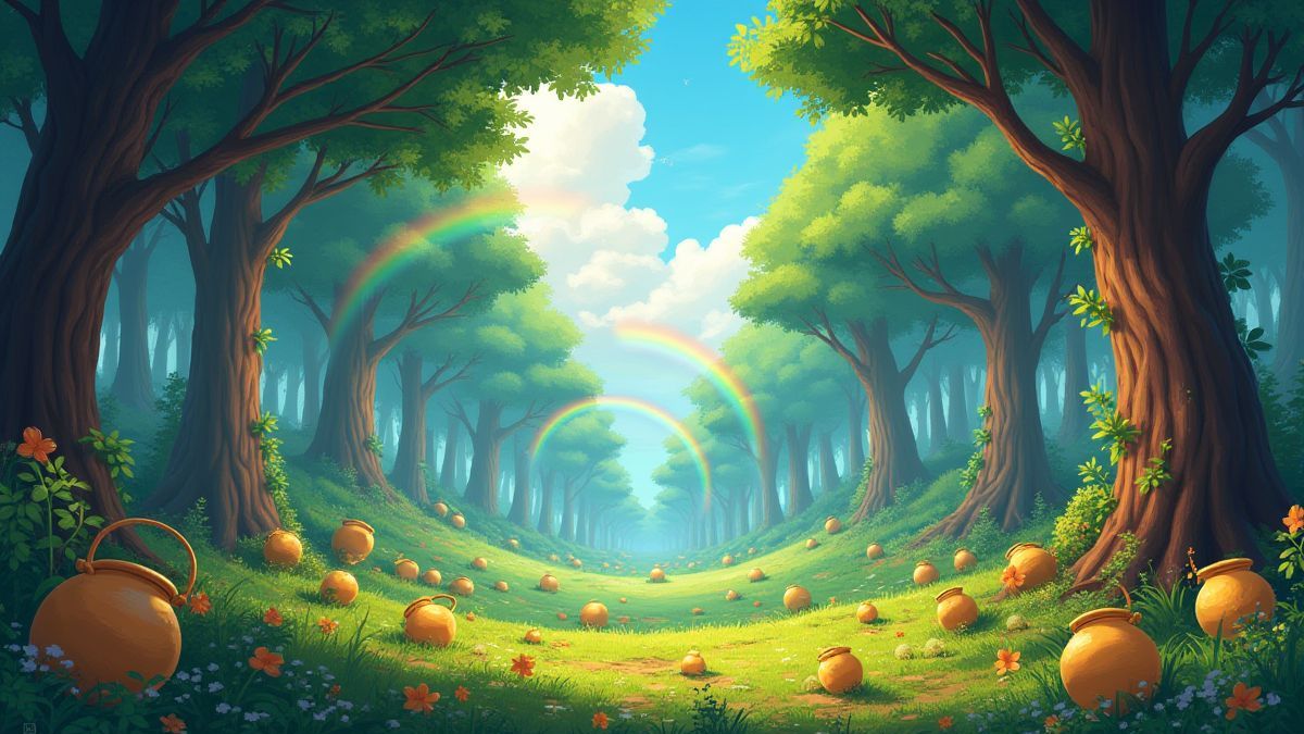 A vibrant forest filled with pots of gold and rainbows.