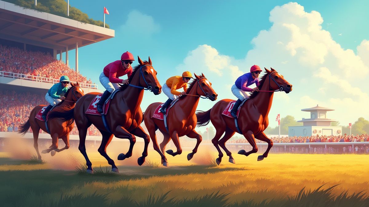 A horse racing scene with vibrant colors and cheering crowds.