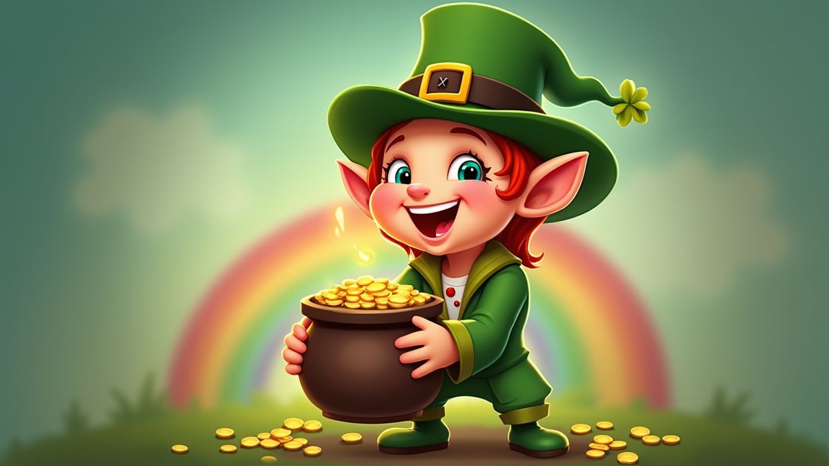 A happy leprechaun holding a pot of gold with a rainbow behind.