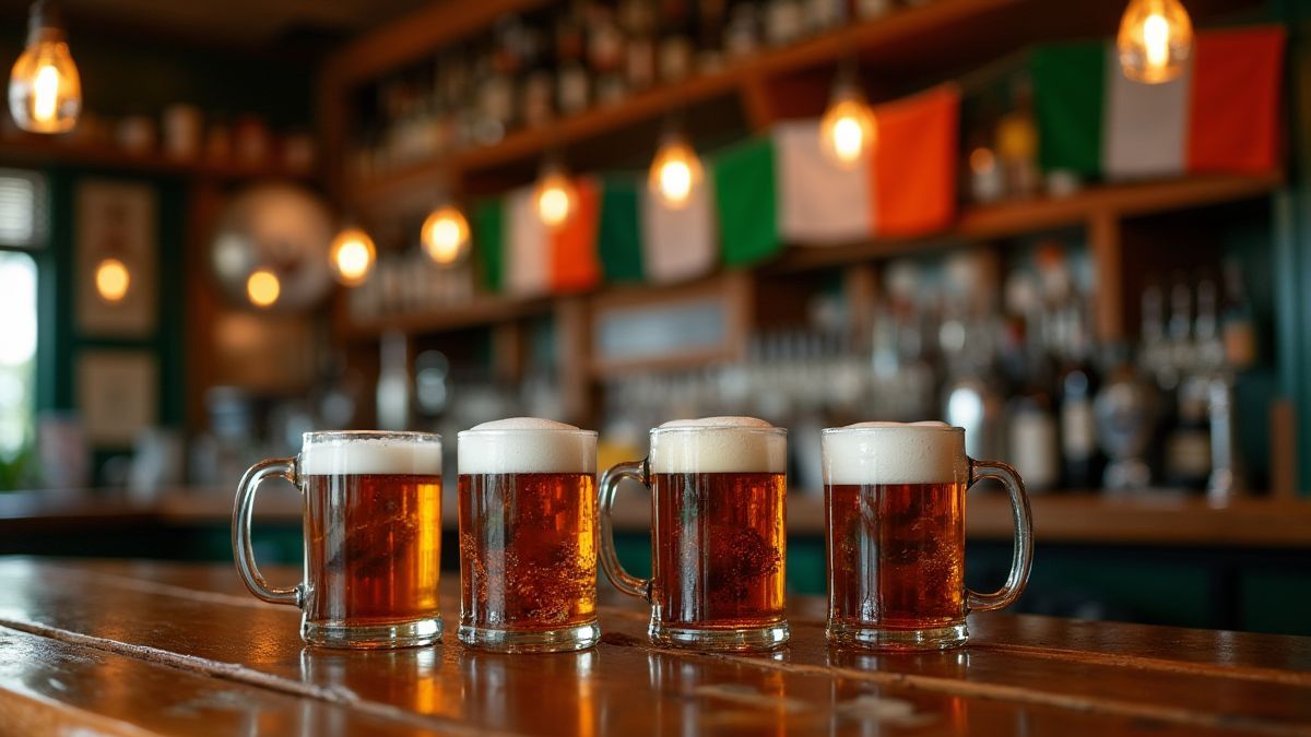 Barra de madera con jarras de cerveza y banderas irlandesas.