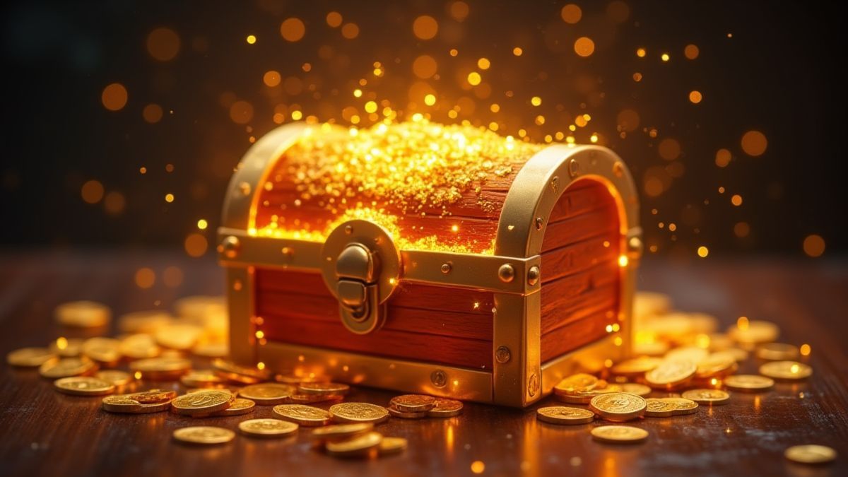 Un cofre del tesoro rodeado de monedas de oro y destellos mágicos.