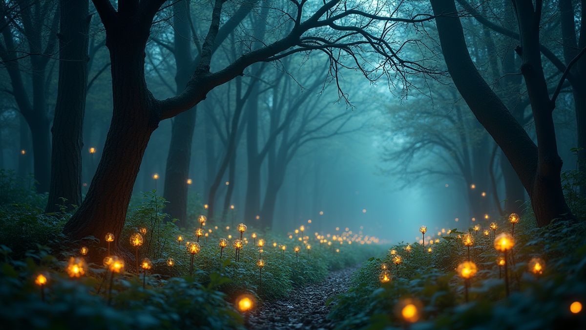 Un bosque encantado con símbolos mágicos brillando en el aire.