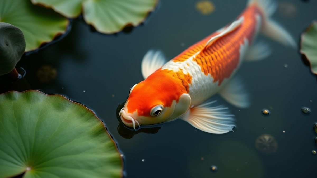 A koi fish swimming in a tranquil pond surrounded by water lilies.