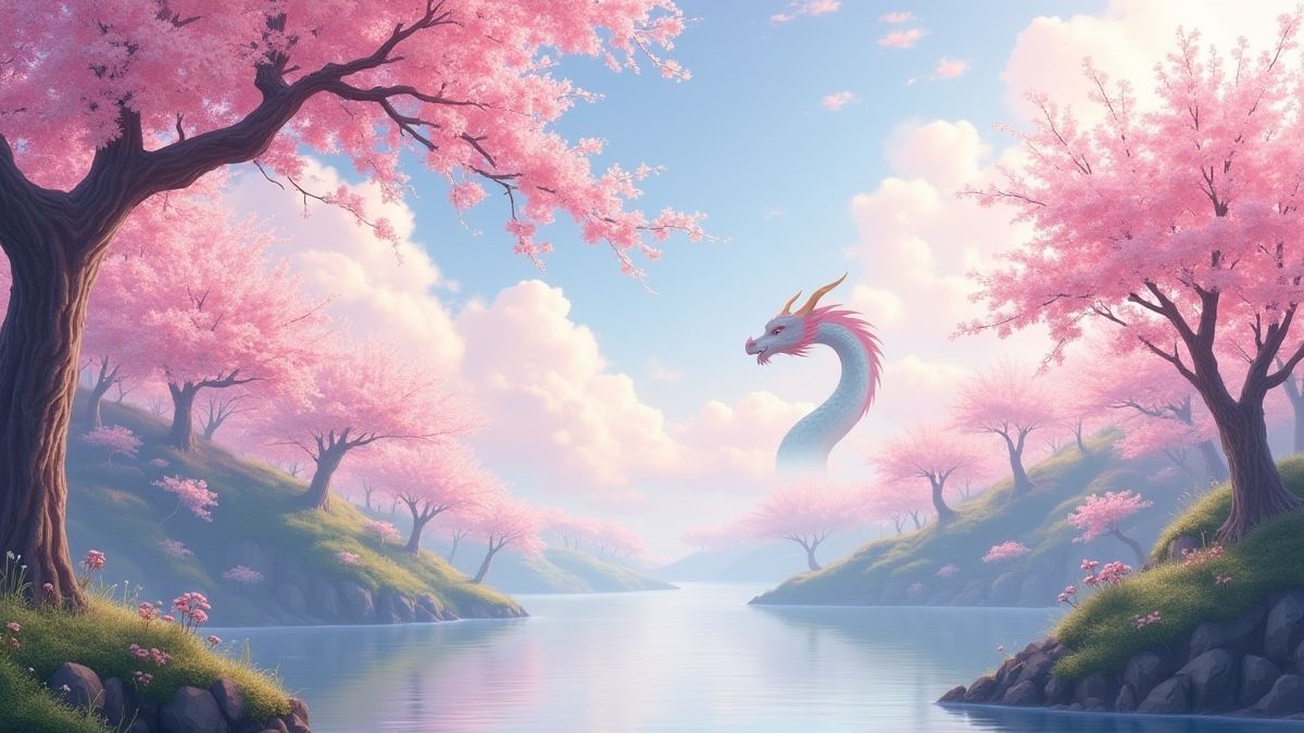 A serene Asian landscape with cherry blossoms and a dragon in the distance.