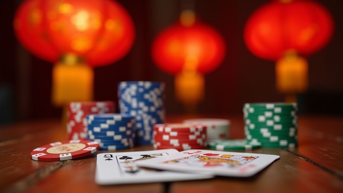 Cartas de póker y fichas en una mesa con linternas chinas