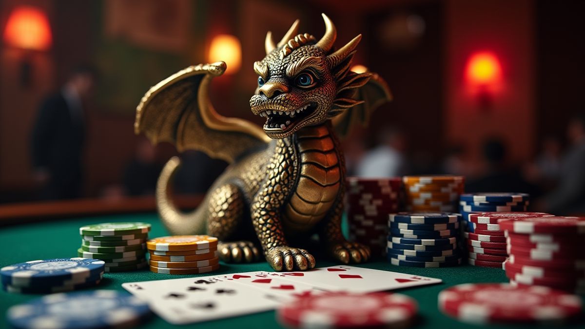 Estatua de dragón con fichas de póker y cartas en un casino