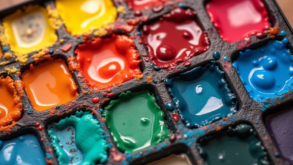 Paleta de colores llena de pinturas vibrantes.