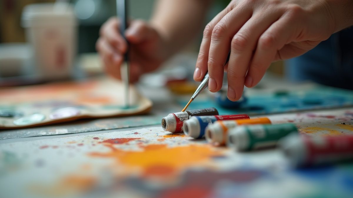 Mano ajustando tubos de pintura sobre un escritorio.