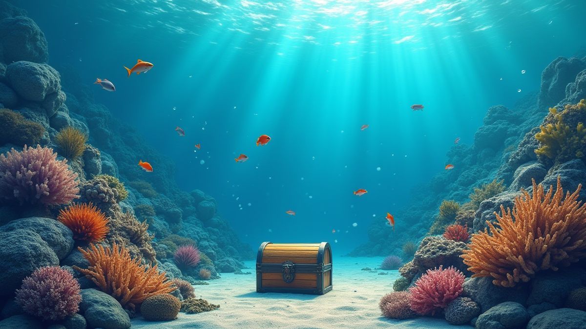 Un cofre del tesoro rodeado de arrecifes de coral.