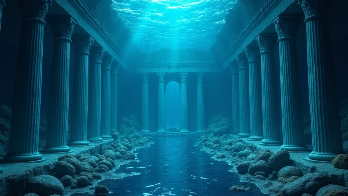 Un palais sous-marin avec colonnes grecques illuminées.