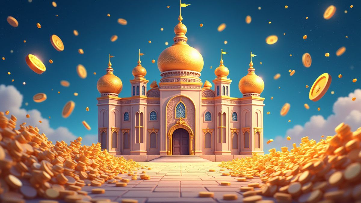 A royal palace surrounded by diamonds and gold coins.