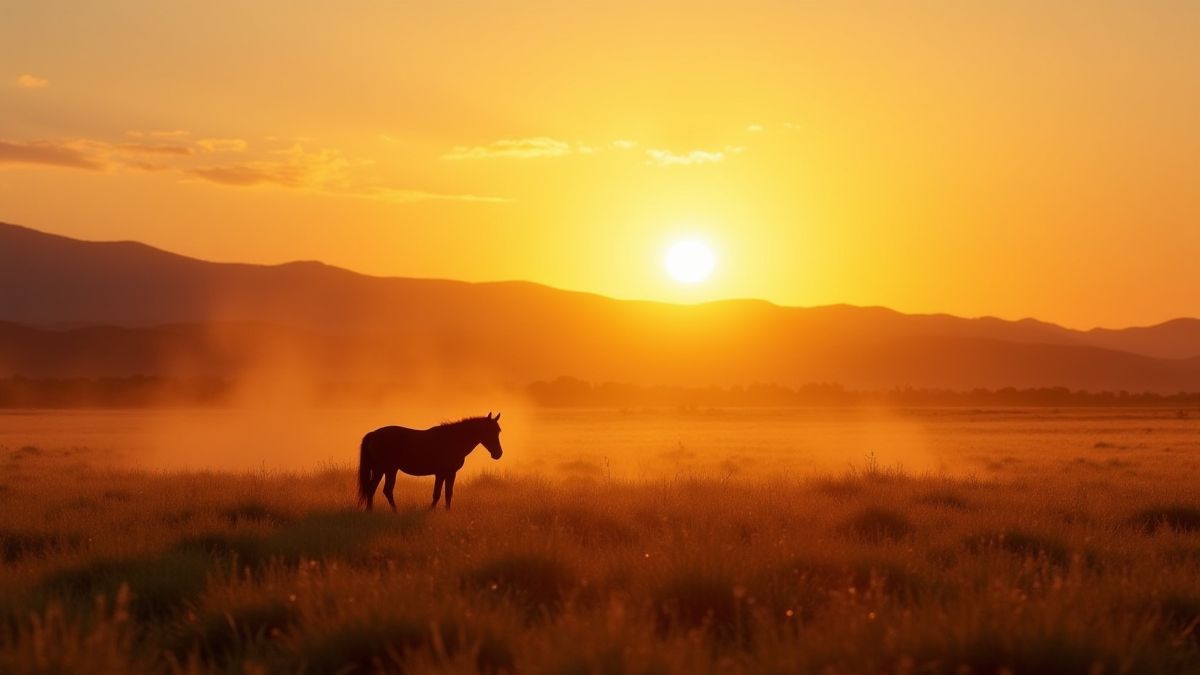 Cavalo pastando nas pampas ao pôr do sol.