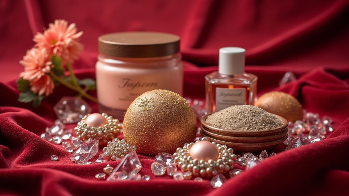 Joyaux brillants et articles de spa sur un fond de velours.