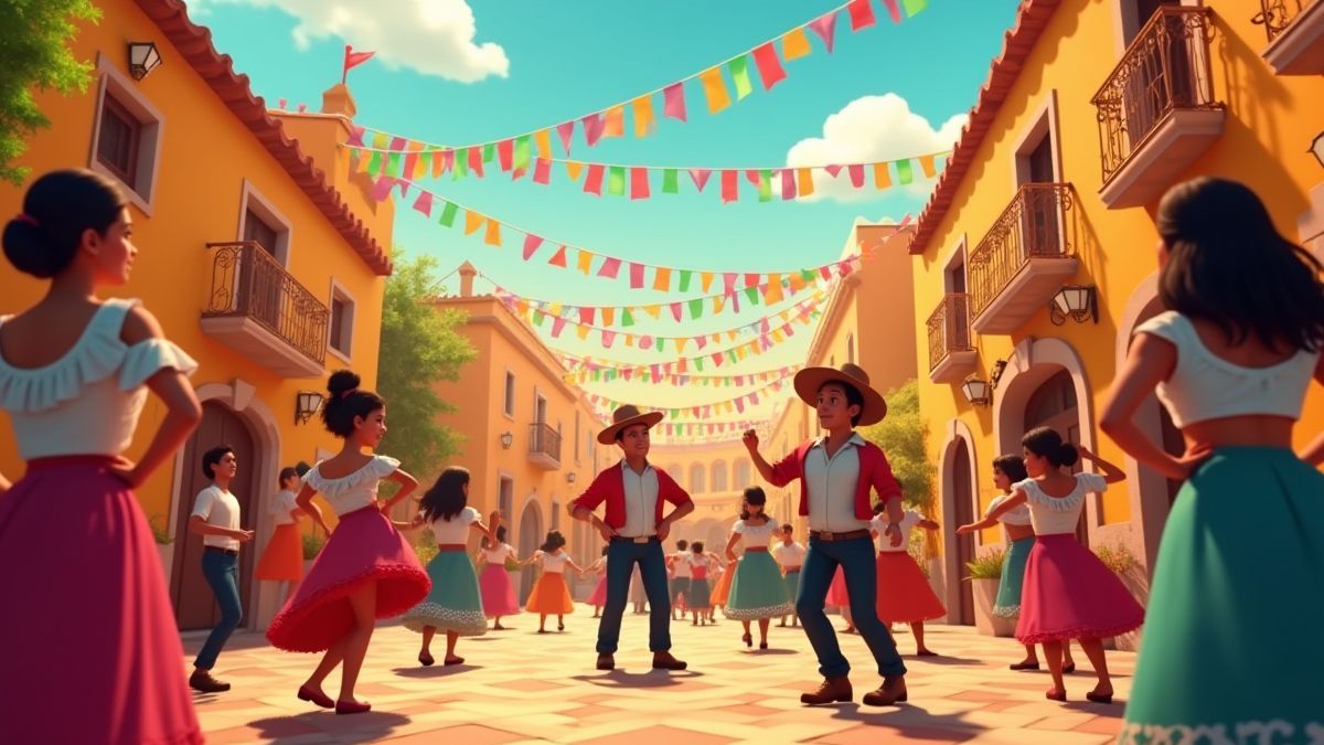 Geanimeerde Spaanse fiesta met levendige decoraties en dansers.